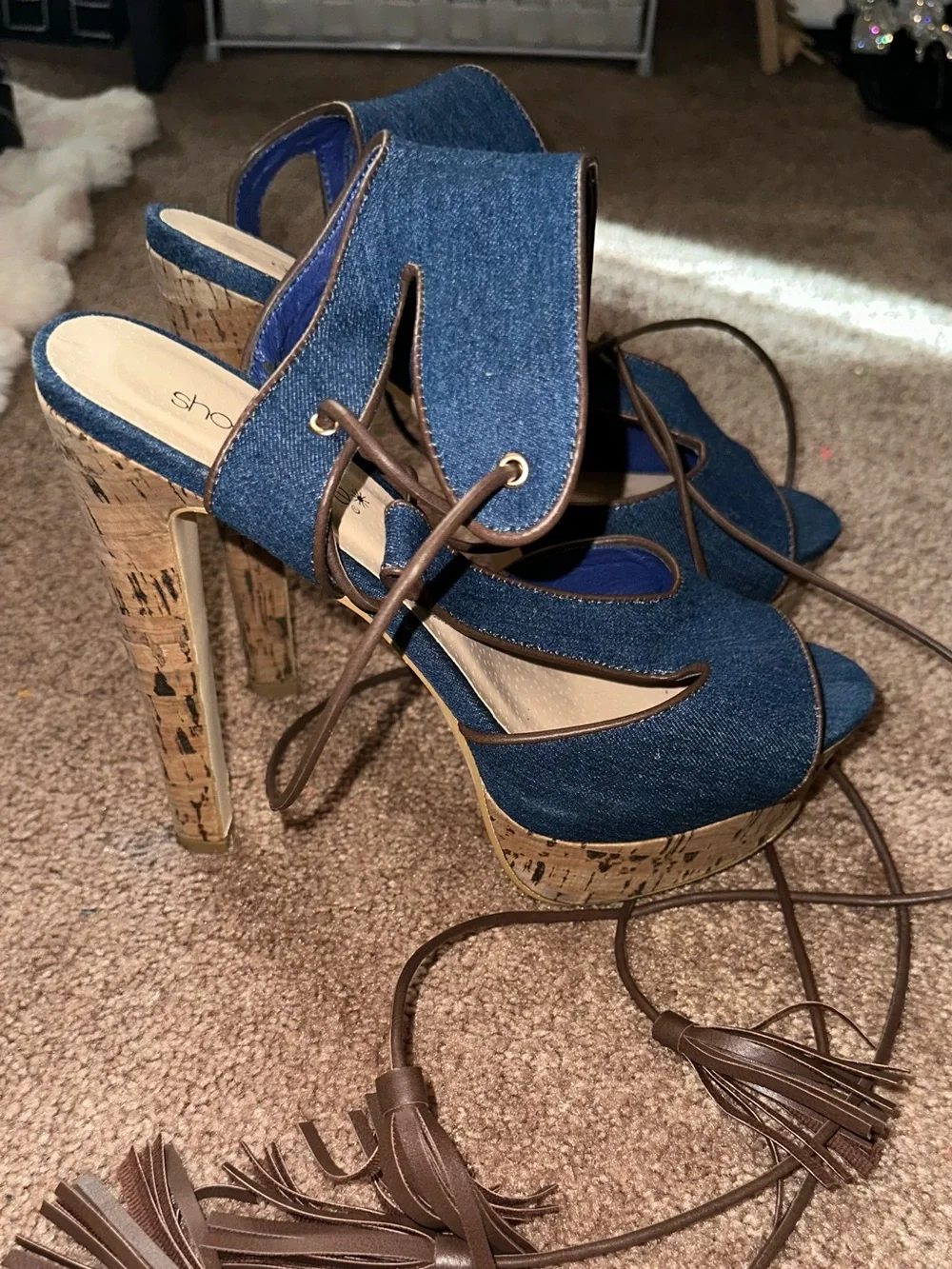 Denim Lace-Up Platform Sandals - Blue